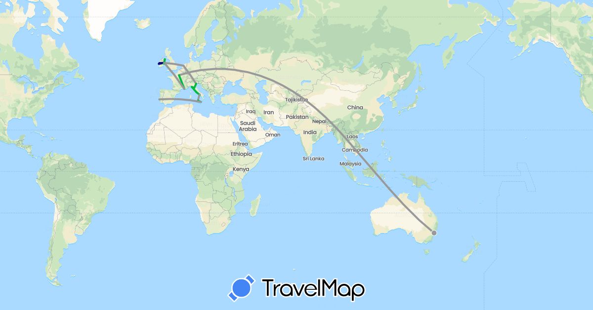TravelMap itinerary: driving, bus, plane in Australia, France, United Kingdom, Ireland, Italy, Netherlands, Portugal, Vietnam (Asia, Europe, Oceania)